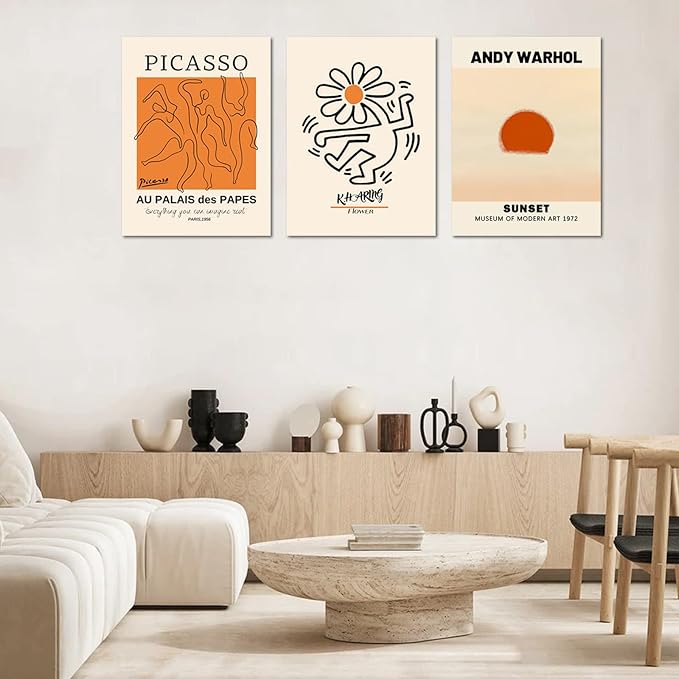 Abstract Wall Art Prints Set of 3, Framed Canvas Wall Art Geometric Line Sunset Artwork Paintings, Minimalist Wall Art for Living Room, Modern Wall Art Decor for Bathroom, Bedroom, Hotel, Office