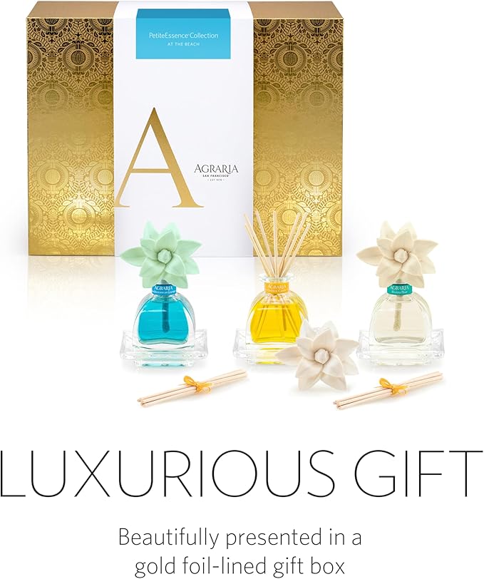 Agraria at The Beach PetiteEssence Collection, Handmade Sola Flower Reed Diffuser Set of 3, 1.7 oz Each, Scented Oil Diffuser Gift Set for Home