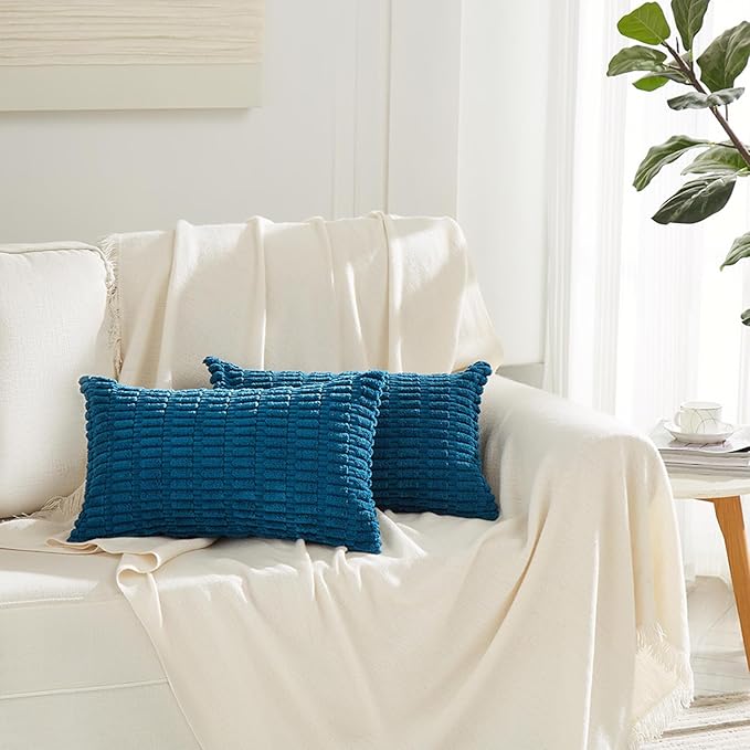 Fancy Homi 4 Packs Teal Lumbar Decorative Throw Pillow Covers 14x24 Inch for Living Room Couch Bed Sofa, Farmhouse Boho Home Decor, Soft Striped Corduroy Rectangle Cushion Case 35x60 cm