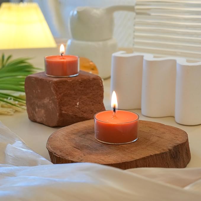 12 Unscented Natural Soy Tealight Candles in Clear Cups, 5H Long Clean Burning, Hand-Poured Orange Mini Tea Candle Set for Parties, Spa, Meditation, Gift, Holiday, Emergency, Home Decor
