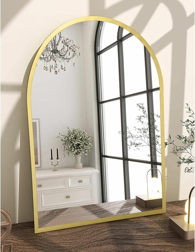 Arched Wall Mirror Aluminum Alloy Frame Bathroom Mirrors Brushed Metal Vanity Wall Mounted Mirror for LivingRoom Bedroom Entryway Room Home Decor 26"x18"