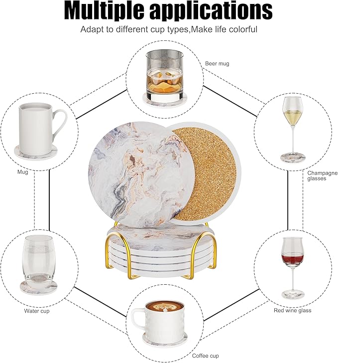 Coasters for Drinks Set of 4, Absorbent Abstract Sand Marble with Metal Golden Holder, Ceramic Coaster Set Cup Mat for Home Decor, Bar, Kitchen, Party