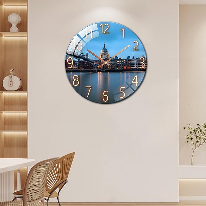 Ergocar Glass Wall Clock Silent Scanning Mechanical Round Glass Wall Clock, Suitable for Living Room, Kitchen, Office.
