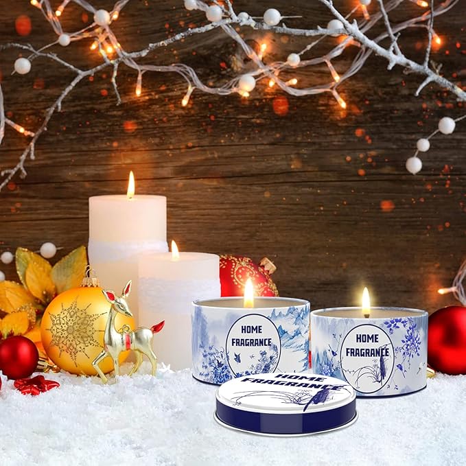 Christmas Scented Candles Gift Set for Home Women, Natural Soy Wax Lavender, Vanilla&Jasmine, Lilac and Gardenia Aromatherapy Stress Relief Candles in Metal Tins for Anxiety Relaxation, 4 Packs