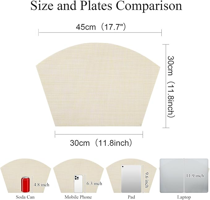 SHACOS Wedge Placemats Set of 4 Woven Vinyl Small Round Table Placemats Wipe Clean Table Mats for Round Dining Table Indoor Outdoor, Beige White