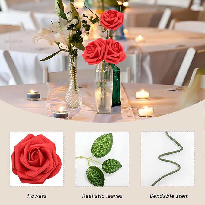 Artificial Flowers Red Roses Real Looking Foam Fake Roses with Leaves and for DIY Wedding Bouquets Bridal Shower Centerpieces Party Decorations (Red, 100)
