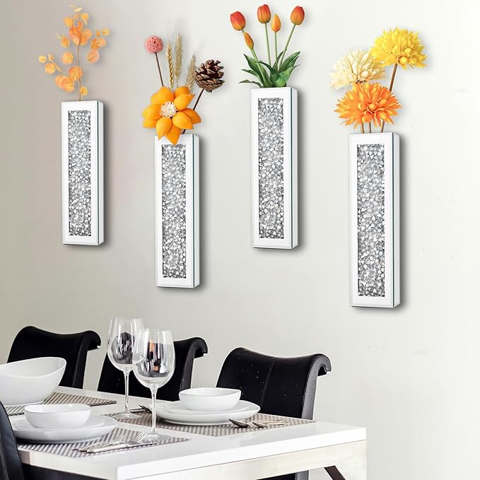 Crystal Crushed Diamond Mirrored Vase Silver Wall Flower Vase Gorgeous Decorative Glass Hanging Planter & Container for Living Room Bedroom Home Decor.Can't Hold Water(Set of 2)