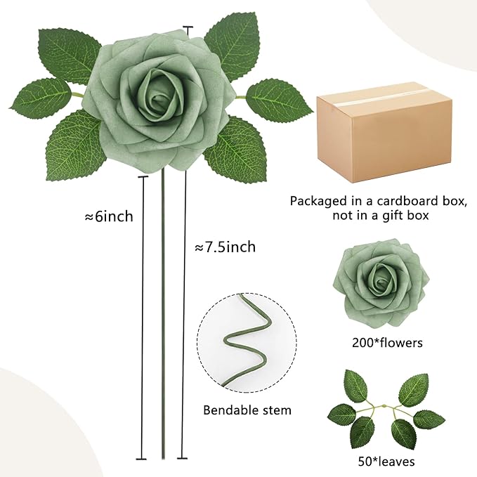 200PCS Elf Green Artificial Flowers Roses Real Looking Foam Fake Roses with Leaves for DIY Wedding Bouquets Bridal Shower Party Decorations (Elf Green, 200)
