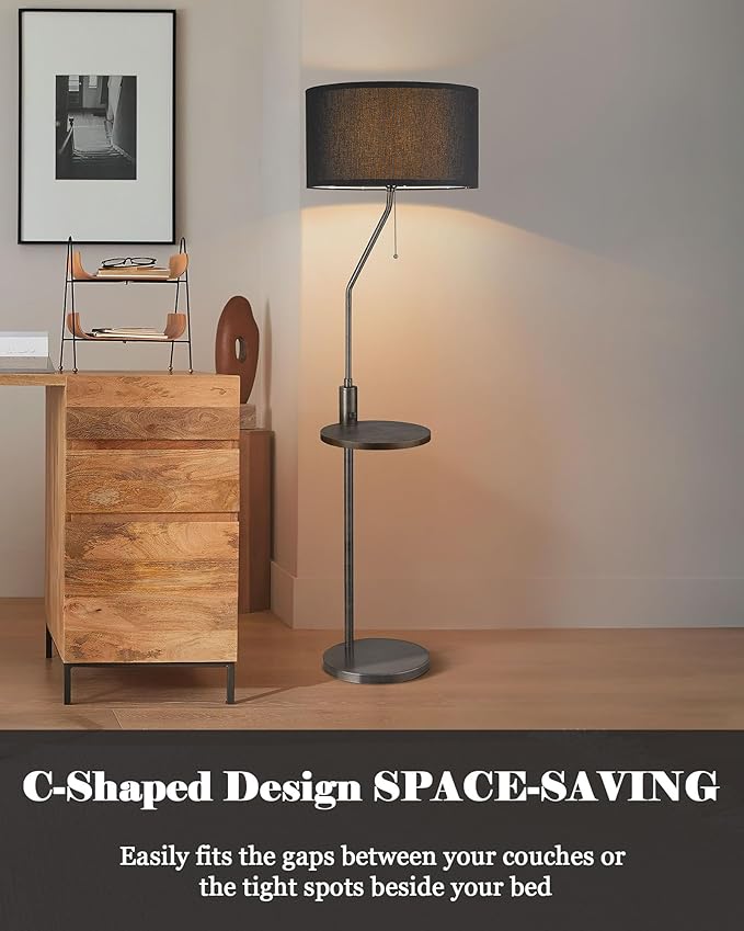 ELYONA C Shaped End Table Floor Lamp with USB A+C Charging Ports Wood Side Table Modern Reading Light Black Linen Shade Farmhouse Tall Standing Lamp for Living Room Bedroom Office LED Bulb Included