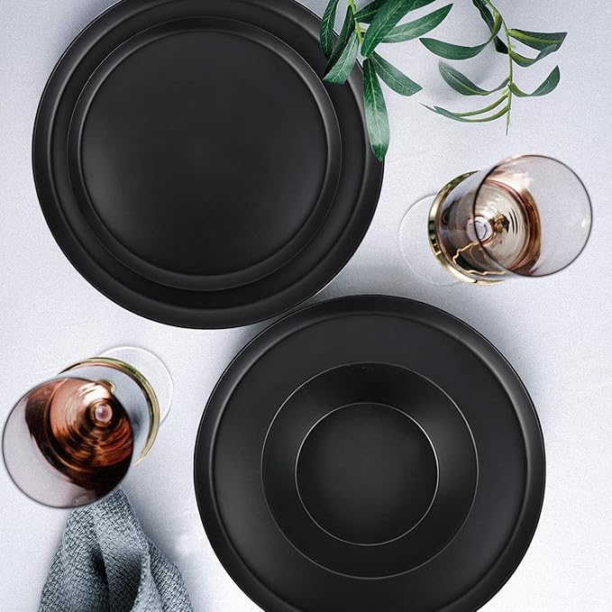Dinnerware Sets 12 pcs, Melamine Plates and Bowls Sets, Matte Black, Plate Set for 4, Indoor and Outdoor use, Dishwasher Safe