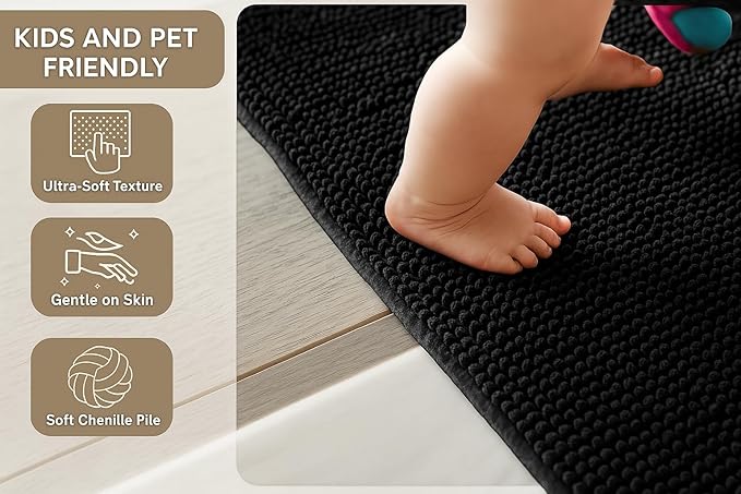 Softstep Premium Luxury Bathroom Rugs 36 x 24, Extra Soft Absorbent Bath Mat, Quick Dry Bath Rugs, Chenille Machine Washable Non-Slip Carpet, Mats For Tub & Shower, Home Decor Accessories, Plush Black