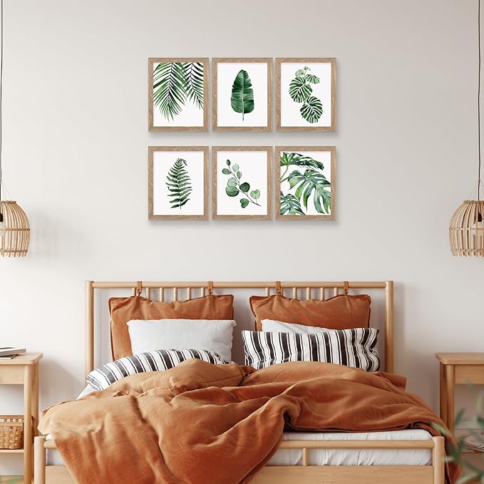 Framed Botanical Wall Art Prints Set of 6 Tropical Leaves Canvas Decor with FRAME Plant Leaf Boho Wall Decor Green Boho Pictures Art Posters Bedroom Decor (Leaf Wall Art, 11"x14" FRAMED)