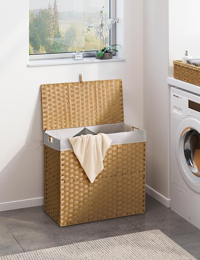 Greenstell Laundry Hamper with lid, No Install Needed, 130L Wicker Laundry Baskets Foldable 2 Removable Liner Bags, 2 Section Clothes Hamper Handwoven Rattan Laundry Basket with Handles, Natural