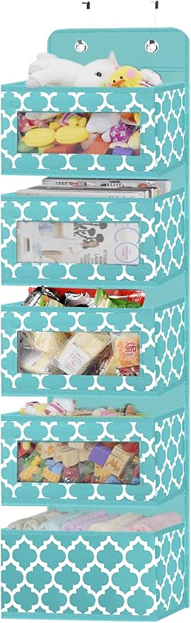 Over the Door Hanging Organizer - Nursery 5 Window Pocket Storage Organizer with 2 Thick Hooks for Baby Clothes, Diaper, Cruise, Pantry, Closet, Bathroom, Cabinet, Kitchen 12.2” 5” 49.6” (Blue)