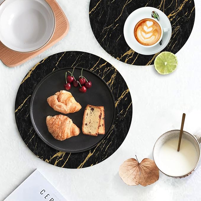 Round Leather Placemats Set of 4 PU Waterproof Non-Slip Washable Heat Resistant Place Mat for Kitchen Dining Table - Black Marble Gold Line