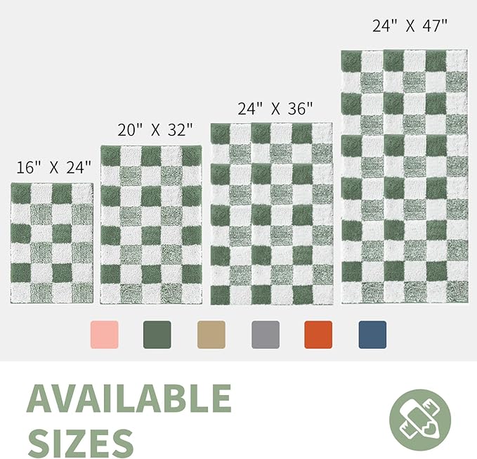 CozeCube Checkered Bath mats Non Slip, Fluffy Absorbent Microfiber Runner Bath mat Washable, Aesthetic Bathroom Rugs, Long Bath mat for Bathroom Floor, Sage Green, 47"X24"