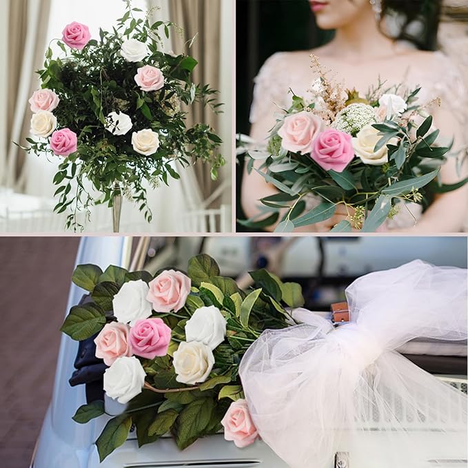 Artificial Flowers Pink Roses Real Looking Foam Fake Roses with Leaves and for DIY Wedding Bouquets Bridal Shower Centerpieces Party Decorations (Pink Series, 100)