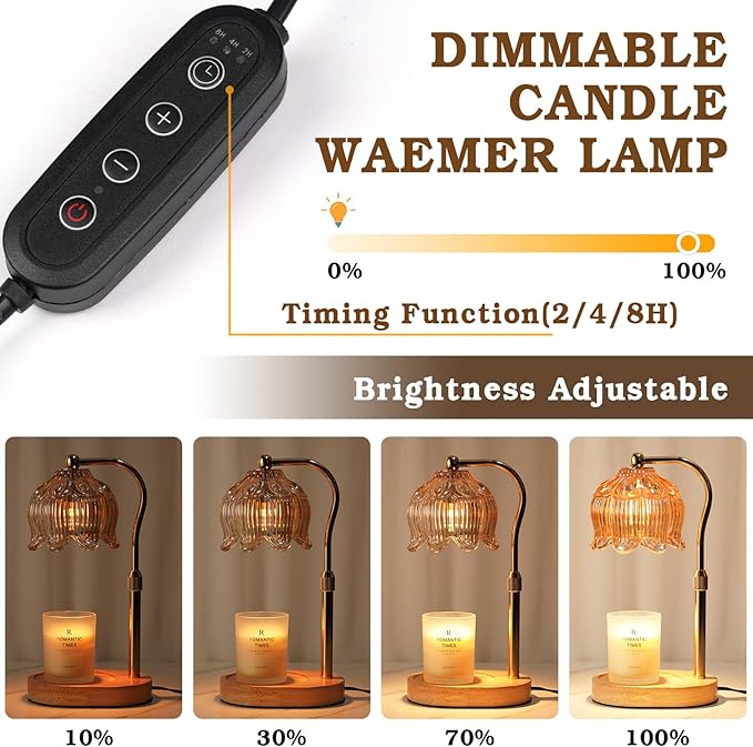 Glass Candle Warmer Lamp with Timer, Adjustable Flower Candle Lamp Warmer, Birthday Gifts for Women Who Have Everything, Unique Candle Heater Gifts for Mom Her, Lotus Wax Warming Light for Candles