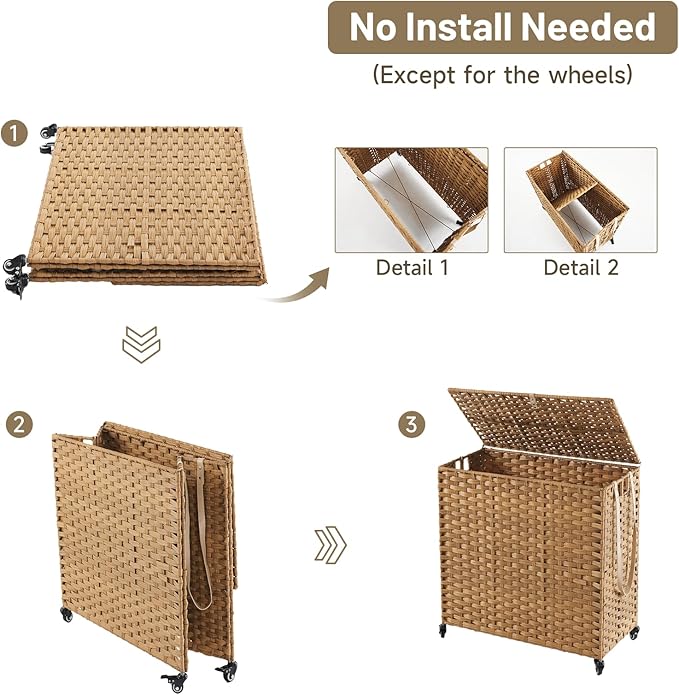 Laundry Hamper with Wheels, 39.6 Gallon(150L) Rolling Laundry Basket with Lid, 3-Section Rattan Clothes Hamper with 3 Removable Liner & 3 Mesh Bags, Laundry Sorter with Side Pocket, Natural