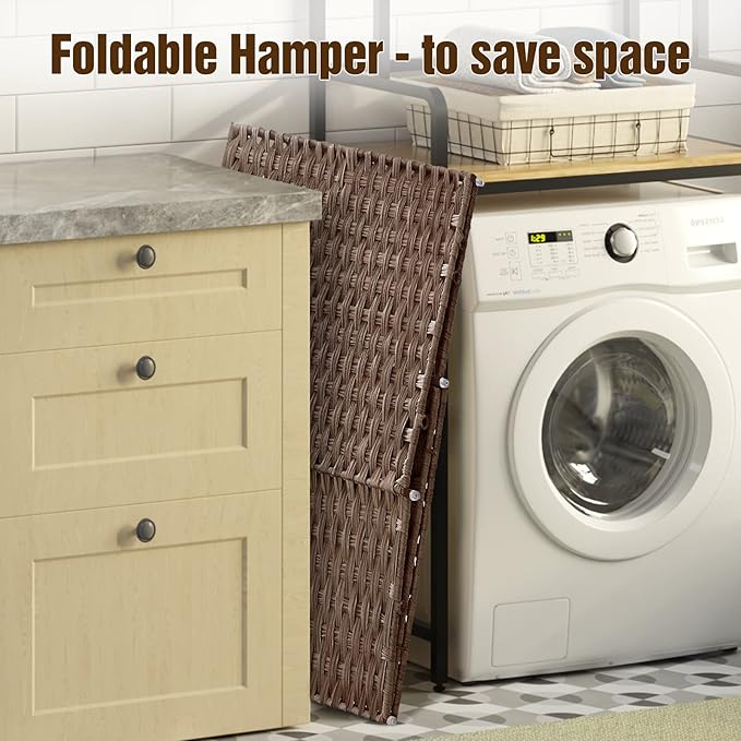Greenstell Laundry Hamper with Wheels, No Install Needed, 90L Divided Handwoven Hampers & 2 Removable Liner Bags, Synthetic Rattan Clothes Laundry Basket with Lid & Handles, Foldable Hampers Brown