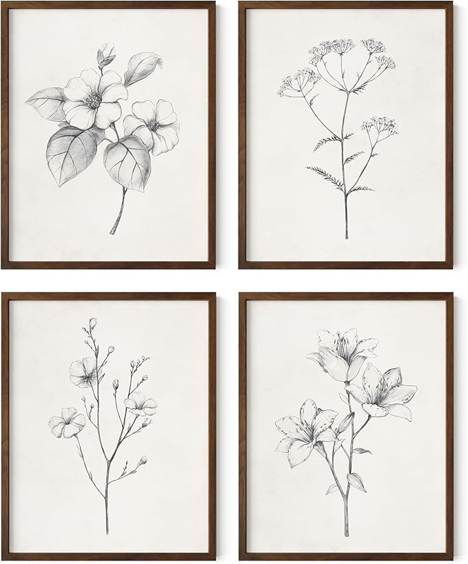 Haus and Hues Grey Floral Wall Art - Set of 4 Plant Posters for Wall Vintage, Botanical Prints, Black and White Flower Pictures for Room Aesthetic, Farmhouse Bathroom, Rustic Art (Walnut Frame, 11x14)
