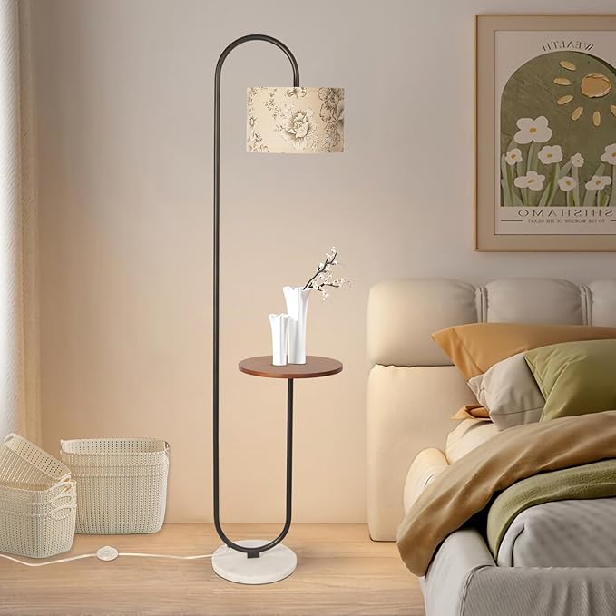 Hsyile Arc Floor Lamp with Hanging Drum Shade for Living Room-Marble Base Modern Tall Stand Up Light with Table, Contemporary Over The Couch Black Lamp Standing Lamps