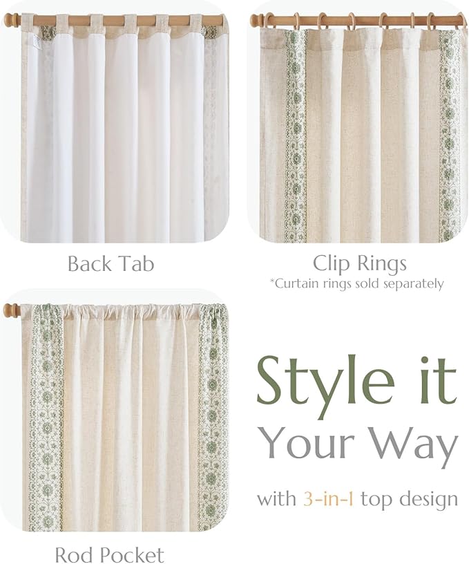 jinchan Boho Lined Linen Curtains for Bedroom Sage Green Vintage Floral Farmhouse Curtains 63 Inch Length Linen Blend Drapes for Living Room Embroidered Drapes Sage on Beige 2 Panels