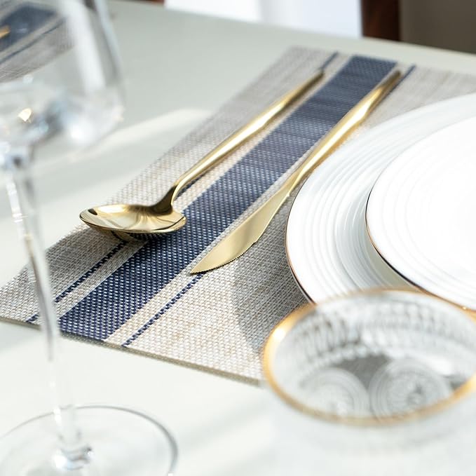 Placemats Set of 4 Vinyl/Plastic Woven Place Mats for Kitchen Table Indoor/Outdoor Washable Placemat Wipeable Dining Table Mats (Khaki Blue,4)