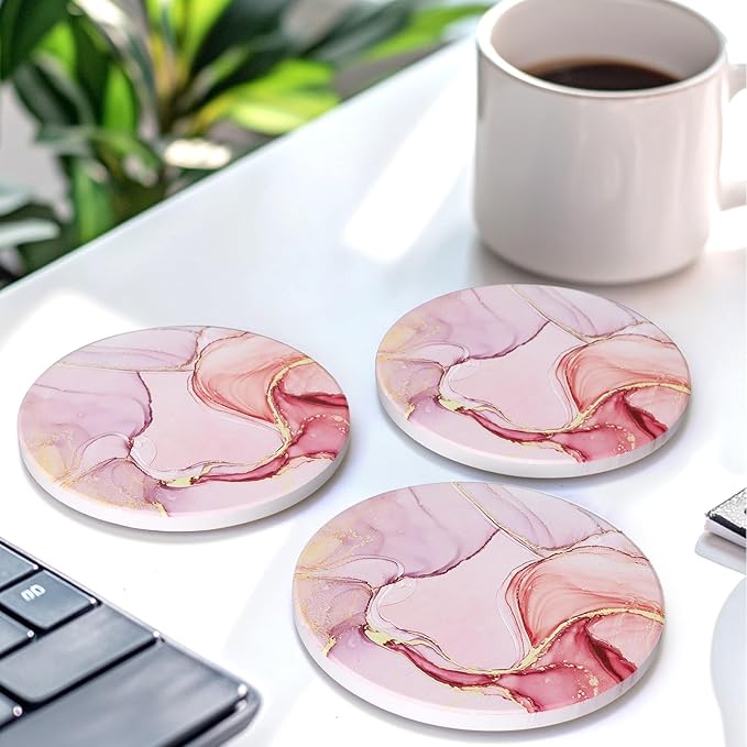 6 Pcs Pink Marble Abstract Ceramic Coasters with Holder Best Round Drink Absorbent Coaster for Desk, Lounge, Coffee Table, Wine, Beverage, Bar Coasters Set