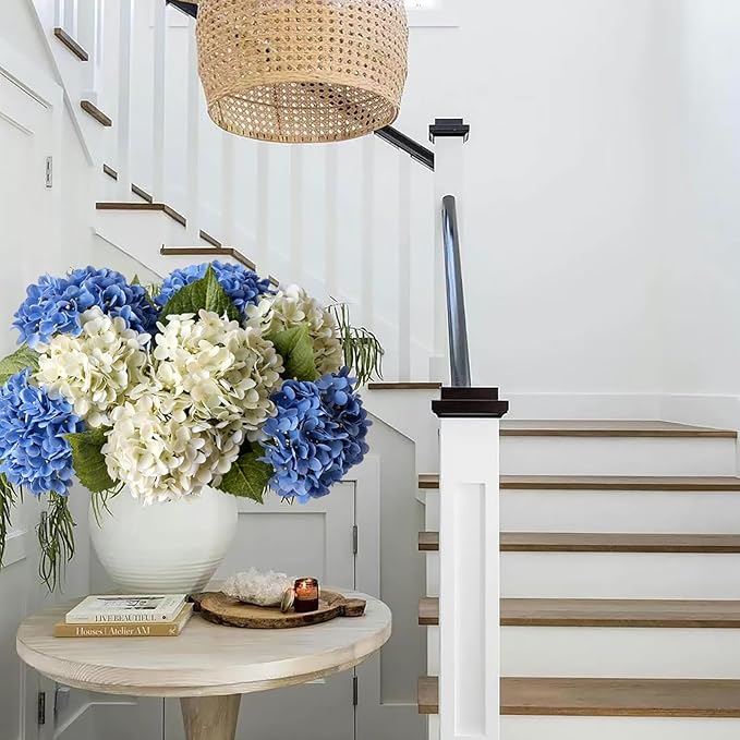 4 Pcs 20'' Real Touch Hydrangea Artificial Flowers Boho Lifelike Real Looking Latex Hydrangeas Flower with Long Stem for Baby Shower Indoor Home Decor Spring Table Centrepiece 2 Blue 2 White