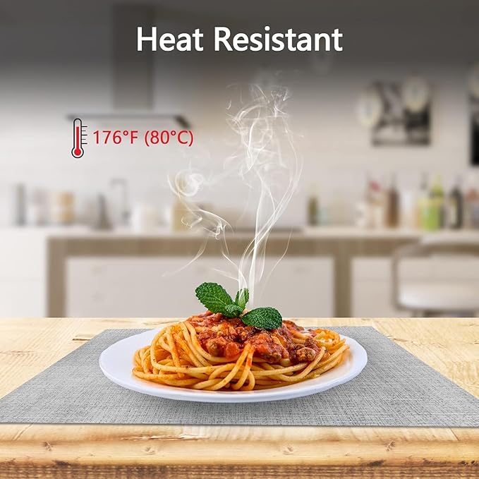 DACHUI Placemats Set of 6, Linen Look Woven Place Mats, Water Resistant, Heat Resistant, Washable, Durable Table Mats (Smoky Grey)