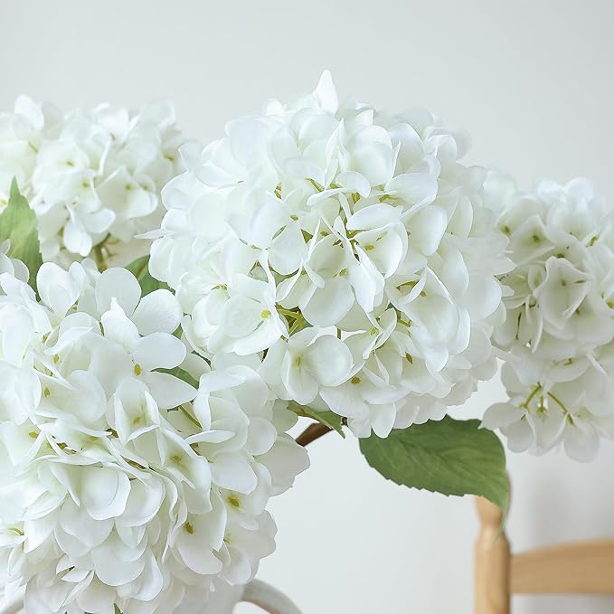 mizii 4Pcs White Artificial Hydrangea Flowers Large Fake Silk Hydrangea Flower with Leaves Stems Realistic Faux Hydrangeas Decorations for Wedding Table Centerpieces Vase Home Decor (White)