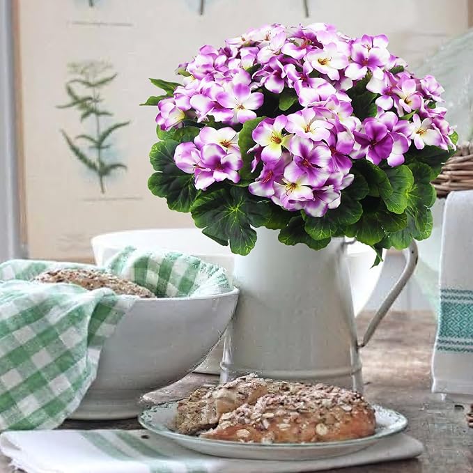 2 Pcs Artificial Geraniums for Outdoor Silk Geranium Flowers Purple Artificial Geranium Bush Faux Flowers Geraniums Branch for Garden Patio Cemetary Vase Table Centerpiece Indoor Decor