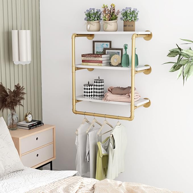 HOMEKAYT 24" Industrial Pipe Shelving, Floating Wall Shelves 3 Tier Gold Shelves with Haning Rod Multiple Use for Kitchen, Bedroom,Living Room,Bathroom