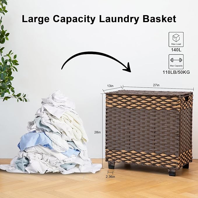 OIAHOMY Laundry Hamper with Lid, 140L Synthetic Rattan Clothes Hamper with Handles, Handwoven Large Laundry Basket with 3 Removable Liner Bags, Foldable, Laundry Room, 27*13*26 Inches, Gradient Brown