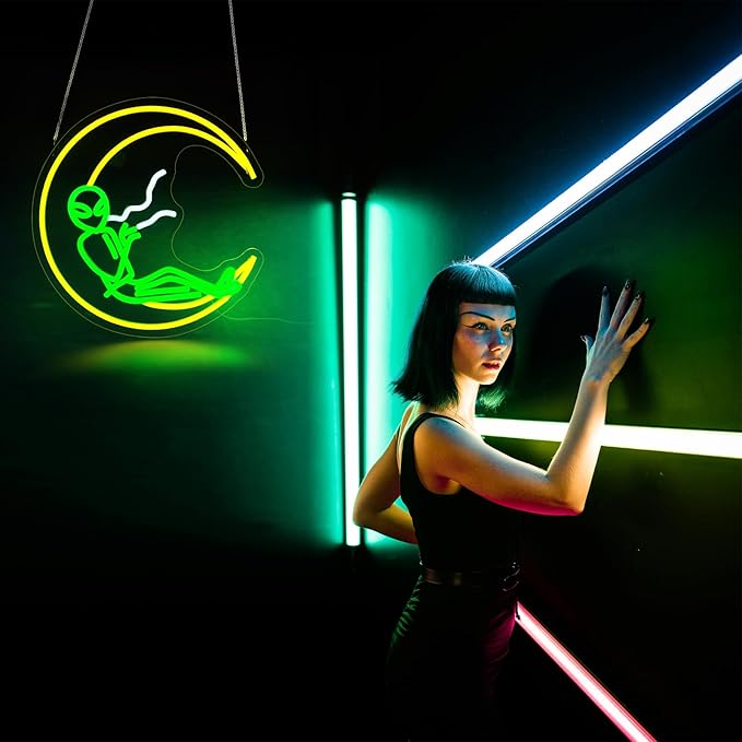 Alien Moon Neon Sign for Wall Decor Led Neon Signs Light Up Sign Room Decor Neon Lights Sign USB Powered