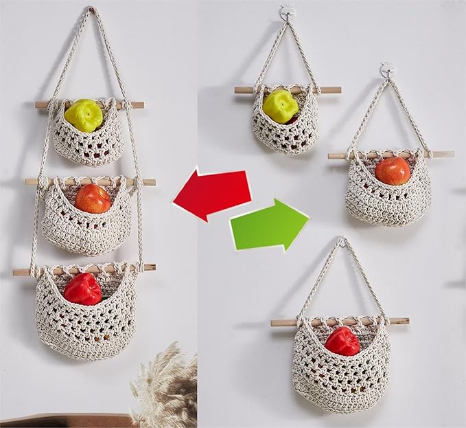 Hanging Fruit Basket, 3 Tier Cotton Macrame Produce Basket for Kitchen, Indoor Planter Hangers.