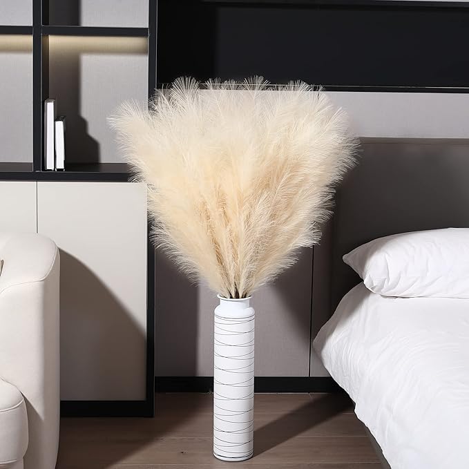 8 Pcs 45 inch Tall Faux Pampas Grass Decor, Large Artificial Beige Pompous Grass Bulk, Long Fake Pompas for Floor Vase Filler, Wedding, Baby Shower, Home and Boho Decor (Beige)