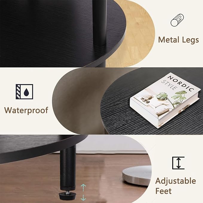 Round Side Table Set of 2, 2-Tier End Table, Small Round Nightstands with Storage Shelf, Modern Accent/Coffee/Bedside Table for Living Room, Bedroom-Black