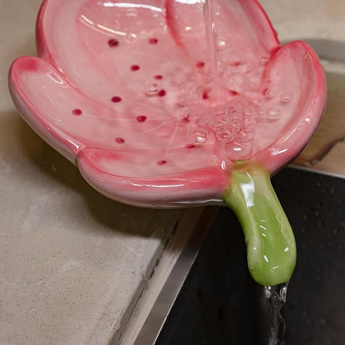 Ceramic Soap Dish Holder for Bathroom, Flower Bar Holder for Shower, Easy Cleaning Saver Tray Decoration for Bathroom, Sinks, Kitchen (Pink)