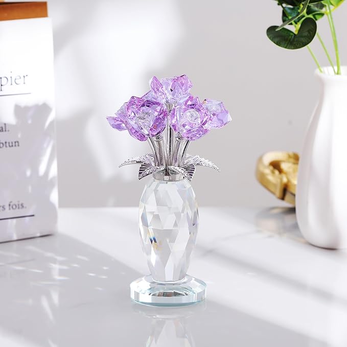 Crystal Purple Rose Bouquet Figurines Gifts for Women Romantic Flowers Ornament for Home Decor Anniversary Birthday Valentine's Day Presents for Girlfriend Wife Partner