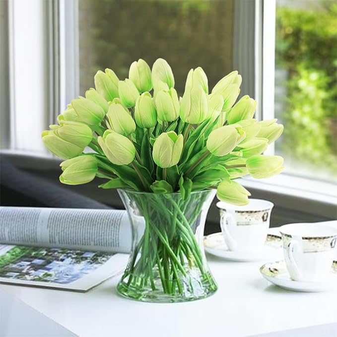 Beferr 18pcs Tulips Artificial Flowers Faux Tulip Real Touch Fake Flowers Bouquets Arrangements for Easter Spring Flowers Home Table Decor Green