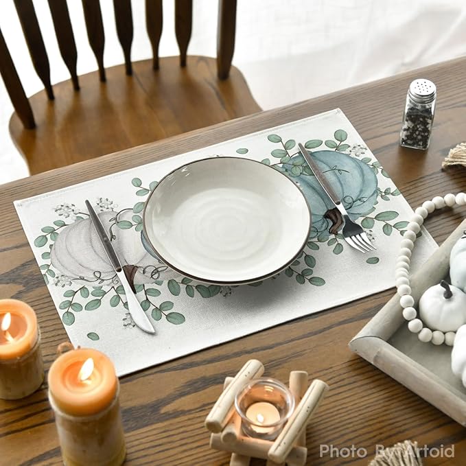 Artoid Mode Pumpkins Eucalyptus Leaves Fall Placemats Set of 6, 12x18 Inch Autumn Thanksgiving Holiday Table Mats for Party Kitchen Dining Decoration