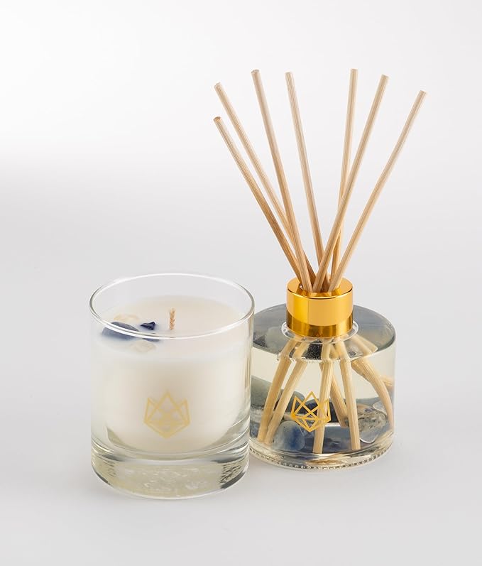 Luxury Candle & Diffuser Set, Affirmation - Blue Quartz, Sodalite, Clear Quartz Crystal Infused - Scents of Eucalyptus, Tobacco, Sequoia, & Musk - Empowerment, Confidence, Optimism