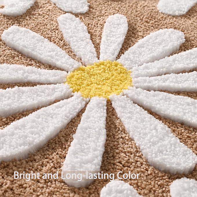 QJHOMO Brown Bathroom Rugs Cute Daisy Bath Mat White and Yellow Flower Decor Rug Non Slip Floor Carpet Microfiber Bathmat Super Absorbent Machine Washable Bathtub Mats for Shower (20x32 inch)