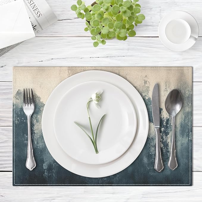 Emvency Farmhouse Placemats Set of 4, Abstract Dark Blue and Beige Vintage Art Painting 12x18 Inch Table Mats for Outdoor Home Party Kitchen Dining Decoration