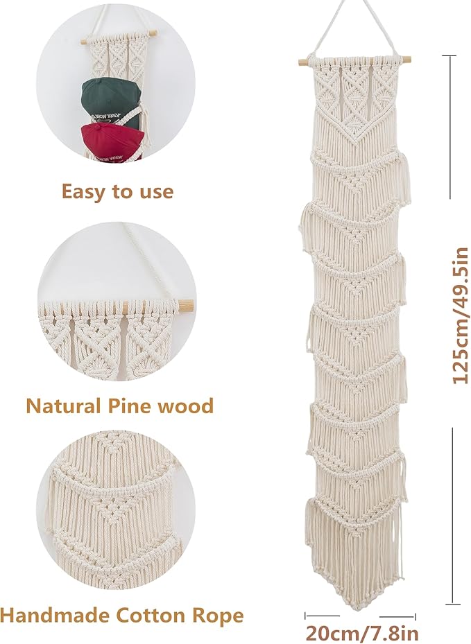 Macrame Cap Holder, Boho Hats Organizer for Baseball Caps, Hat Rack for Wall Hanging Decoration, Cap Rack for Collection Display, Handmade Cap Hanger Storage Organizer (Eight hats)
