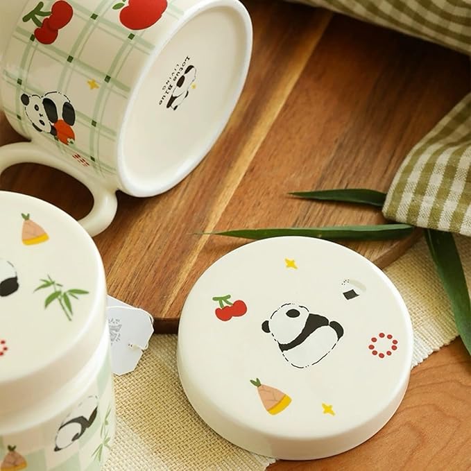 Ceramic Coffee Mug with Lid and Handle 380ml/12.85oz, Cute Cartoon Panda Design, Exquisite and Novelty Gift (Panda with Cherry)