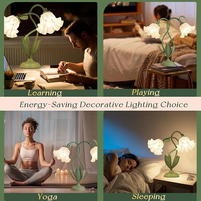 Cute Flower Table Lamp, Bedside Vintage Flower Lamp with LED Bulb, 3 Colors Temperature Reading Light, Table Lamp for Bedroom Living Room Lighting Desk Lamps Home Decoration(Green)