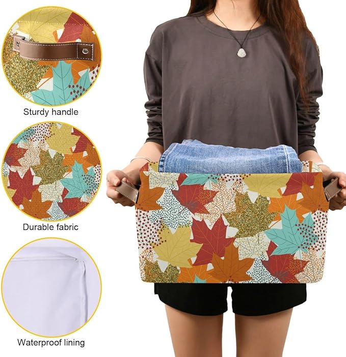 Fall Maple Leaves Storage Basket Fabric Storage Bin Laundry Baskets Autumn Pumpkin Foldable Storage Boxes Organizer Bag for Baby Cloth Dog Toy Book Storage Cubes Shelf Closet Basket 16×12×8 Inches